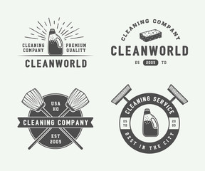 Set of retro cleaning logo badges, emblems and labels in vintage style. Monochrome Graphic Art. Vector Illustration.