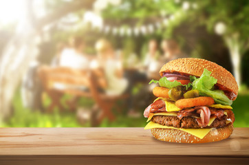 Mexican burger on table in garden