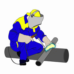 seated construction worker  with a welding tool in a hand