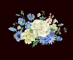 Watercolor bouquet with blue blooming wild flowers