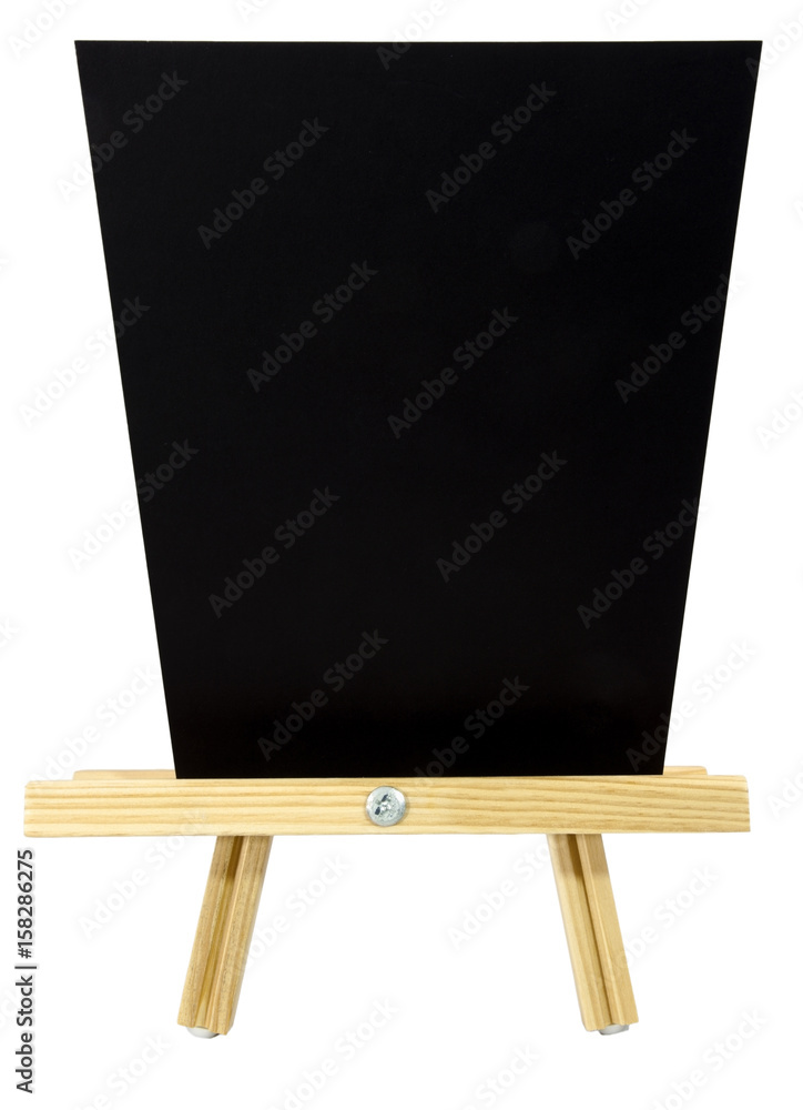 Wall mural odd perspective of blank black board on presentation easel. copy space. vertical. isolated.