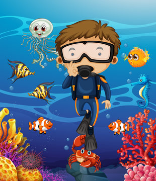 Man scuba diving under the ocean