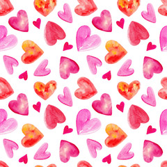 Watercolor seamless pattern with hearts for valentines day, hand drawn style illustration.