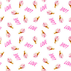 Watercolor seamless pattern with pink lettering "LOVE" and  ice cream cones, hand drawn style illustration for valentines day or invitations.