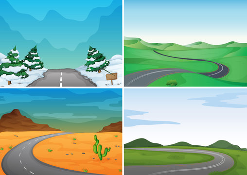 Four scenes with empty roads