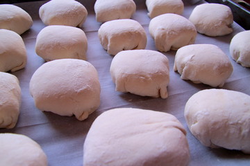 Fototapeta na wymiar sweet cakes on the baking sheet, the dough on a baking sheet, the dough used to make fresh, homemade delicious muffins