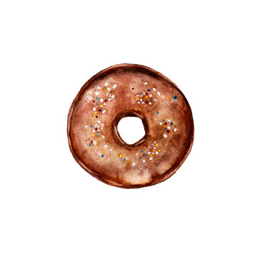 The donut with chocolate glaze isolated on white background, watercolor illustration in hand drawn style.