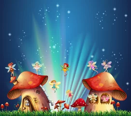  Fairies flying over mushroom houses © GraphicsRF