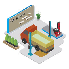Isometric car service composition with mechanics changing tires, vector illustration.