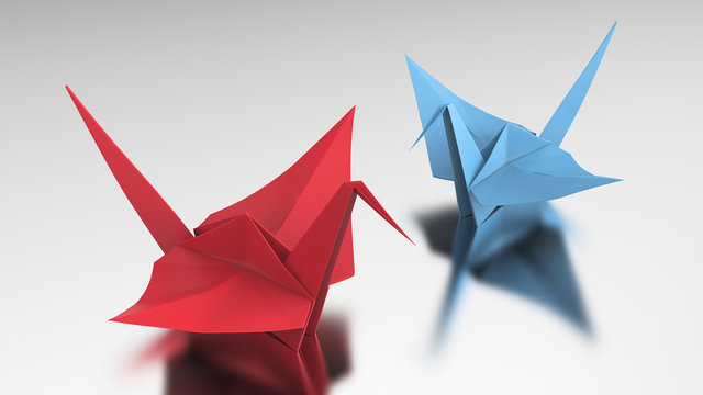 3D illustration two red and blue origami bird
