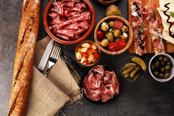 spanish tapas and sangria on wooden table - mediterran antipasti
