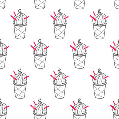 Seamless doodle ice cream cup pattern, hand-drawn monochrome background, ice-cream vector, ice cream background, EPS 8
