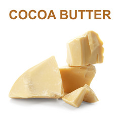 Pieces of cocoa butter with text on white background