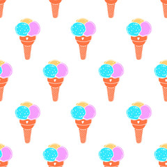 Seamless ice cream scoop pattern, hand-drawn colorful summer food vector, doodle ice-cream background, for cards, invitations, food design, EPS 8