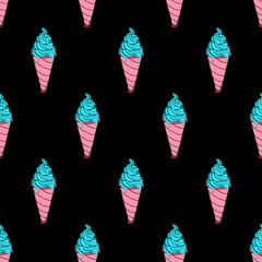 Seamless melting ice cream cone pattern, hand-drawn colorful summer food background, mint cone melts vector, for cards, invitations, food design, EPS 8
