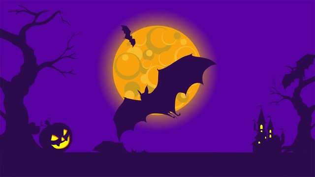 Video footage HD in cartoon style of the theme Halloween holiday party. Flying bats at background scaring landscape with trees pumpkin and castle at night time.