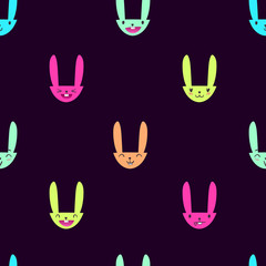 Fototapeta premium Bright color seamless pattern with cute Easter bunny faces with happy and lovely emotions, hand-drawn rabbits with various expressions, EPS 10