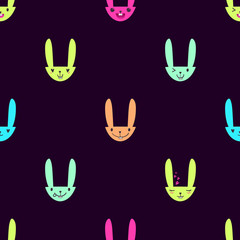 Bright color seamless pattern with cute Easter bunny faces with happy and lovely emotions, hand-drawn rabbits with various expressions, EPS 10