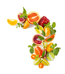 Composition of citrus fruits and green leaves on white background