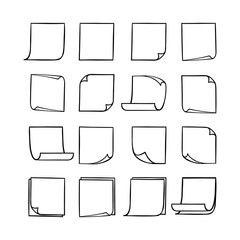 Vector black and white stick notes, collection of hand-drawn sheets of note paper with place for your text and message, isolated monochrome sticky note with curled corners, EPS 8