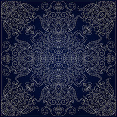 square vintage card with a delicate symmetrical pattern on a dark blue background, elegant design template for title page