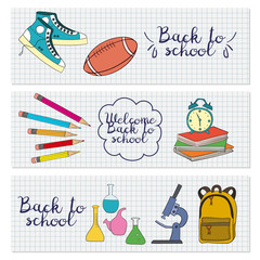 Set of three horizontal banners with school supplies.