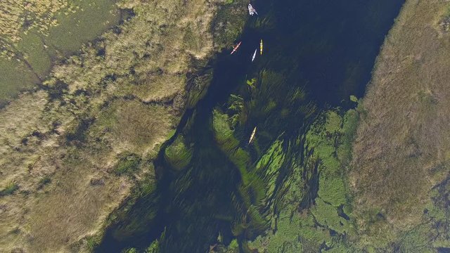 Bird's eye view of canoes in watercourse, Ibera Wetlands, Corrientes Province, Argentina