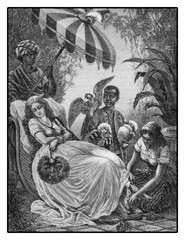 XIX century illustration, midday pause in a Florida plantation: young lady sleeps outdoors under a parasol surrounded by servants