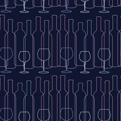 Seamless pattern with bottles of wine and wineglasses on dark background.