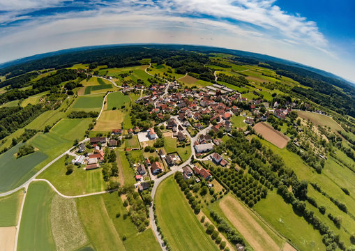 Aerial photo of the landscape of the franconian suisse near the village of Biberbach, Germany - Bavaria