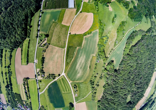 Aerial photo of the landscape of the franconian suisse near the village of Biberbach, Germany - Bavaria