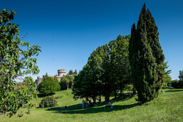 Fototapeta na wymiar VOLTERRA, TUSCANY - MAY 21, 2017 - Medici fortress with the park in Volterra
