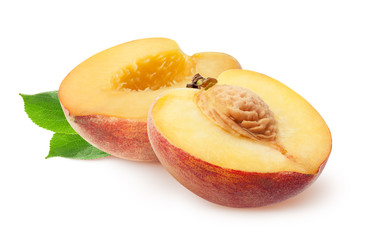 Naklejka na ściany i meble Peach isolated. Two peach half slices fruits and leaves isolated on white with clipping path