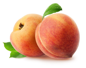 Peach isolated. Two whole peach fruits with leaves isolated on white with clipping path-2
