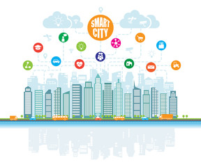 Smart city with advanced intelligent services, and augmented reality, social networks, Internet of things. Background, place for text