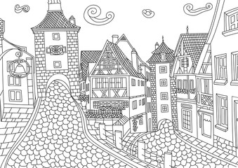 Fototapeta premium Coloring for adult with Rothenburg ob der Tauber.