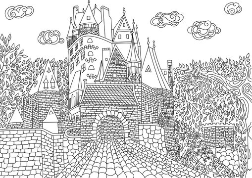Coloring for adult with Eltz Castle.