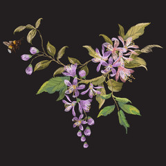 Embroidery floral pattern with lilac blossom and bee. Vector traditional embroidered design with flowers and insect on black background for fashion clothing.