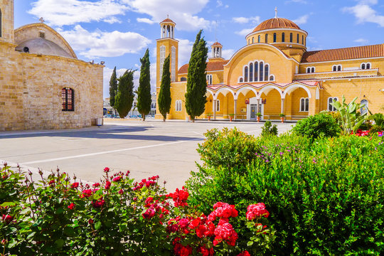 Beautiful monastery with flowers in foreground on Cyprus island