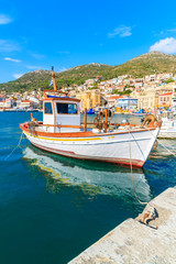 Typical fishing boat in Vathy port on beautiful summer day, Samos island, Greece