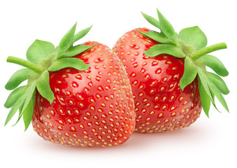 Isolated strawberries. Two whole strawberry fruits isolated on white background with clipping path