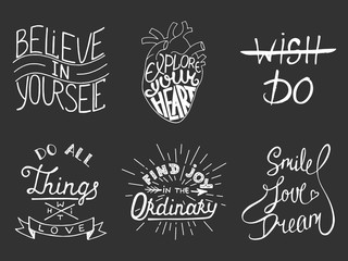 Set of vector inspirational and motivational lettering for greeting cards, decoration, prints and posters. Hand drawn typography design elements. Handwritten lettering. Modern calligraphy.