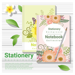 Summer scene with colorful notebooks on wooden table background , vector , illustration