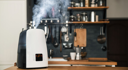Healthy air. The humidifier distributes steam in the kitchen in loft style.
