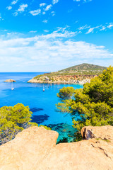 View of Cala d'Hort bay with beautiful azure blue sea water and pine trees on cliff rocks, Ibiza island, Spain