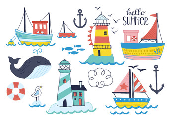 Summer holiday vacation set of stickers, patches and badges with hand drawn cute boat, lighthouse and whale. Isolated vector illustration