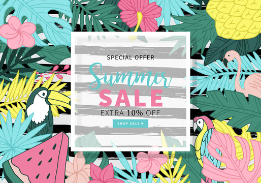Tropical summer banner design. Background with hand drawing vector elements
