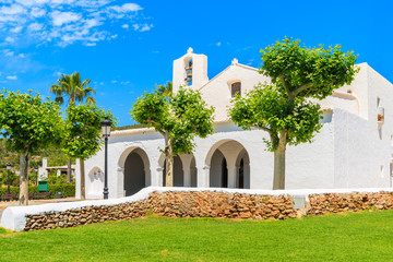 Fototapeta na wymiar View of beautiful white church in Sant Carles de Peralta village, Ibiza island,Spain