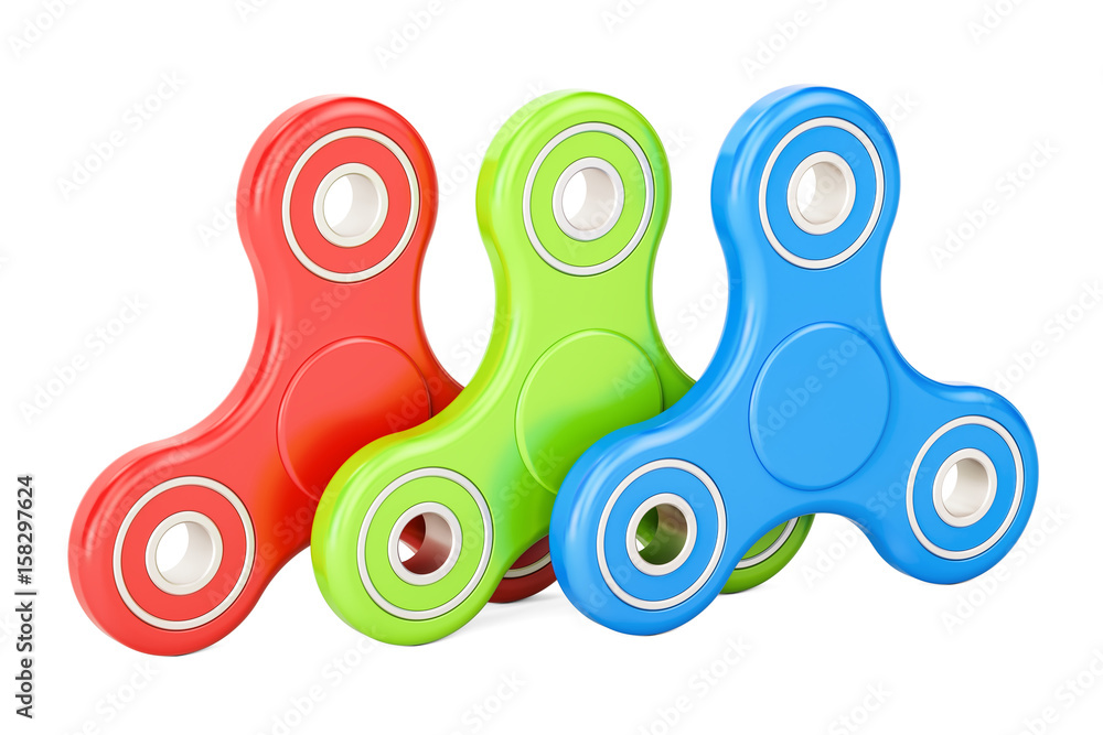 Poster set of colored fidget spinners, 3d rendering