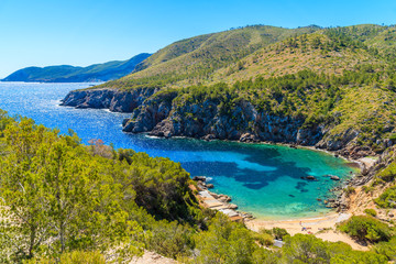 Fototapeta na wymiar View of secluded Cala d'en Serra beach and coastal cliff rocks, Ibiza island, Spain